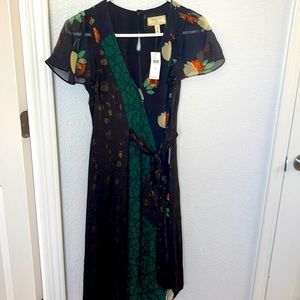 NWT Moulinette Soeurs by Anthropologie Black and Green flutter sleeve dress